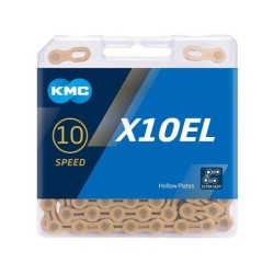Kæde (gold) fra KMC model X10EL, 114 led. 10 speed Exttra Light (XL), vægt 253 g. Ti-N   Titanium Nitride coating, ultra glat ov