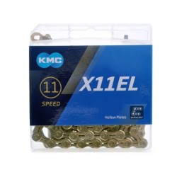 Kæde (gold) fra KMC model X11EL, 118 led. 11 speed Extra Light (XL), vægt 242 g. Ti-N  Titanium Nitride coating, ultra glat over